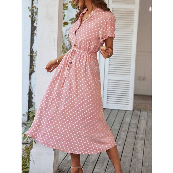 Pink Polka Dot Dress Midi Drawstring Ties Short Sleeve - Picture 3 of 11